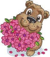 Big smiling bear with a bouquet of roses
