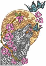 Wolf and butterflies embroidery design