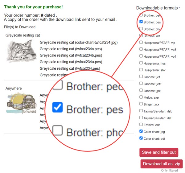 Choose embroidery format in order download page