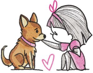 Girl and her dog embroidery design